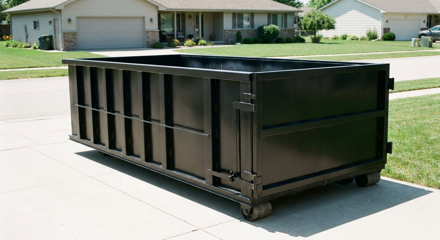 Matte-black 10-yard roll-off dumpster on a residential concrete driveway in Santa Monica, uniformly painted matte black across every panel and rail, ribbed steel sidewalls and rear swing door visible, mid-day daylight.