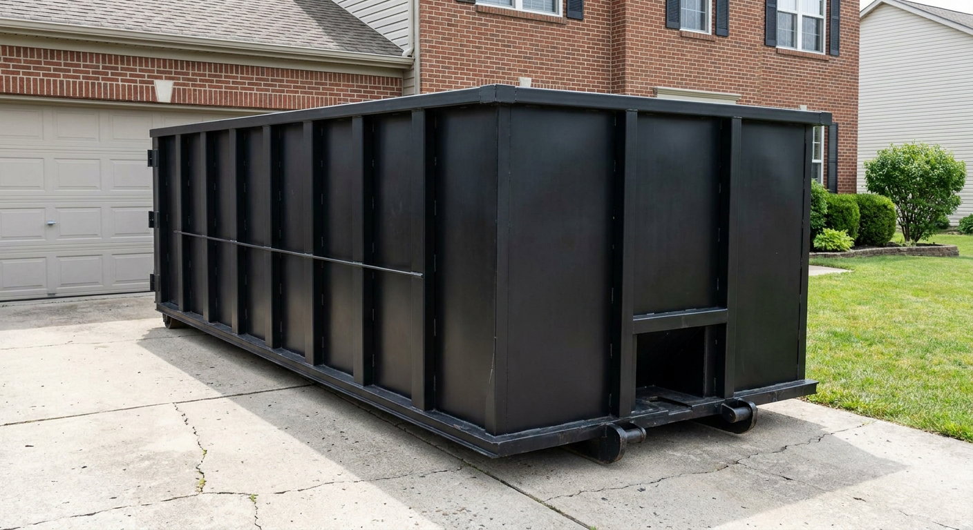 Matte-black 20-yard roll-off container on a Santa Monica residential concrete driveway with reinforced ribbed steel sidewalls and a hinged rear walk-in door, clean bright daylight.