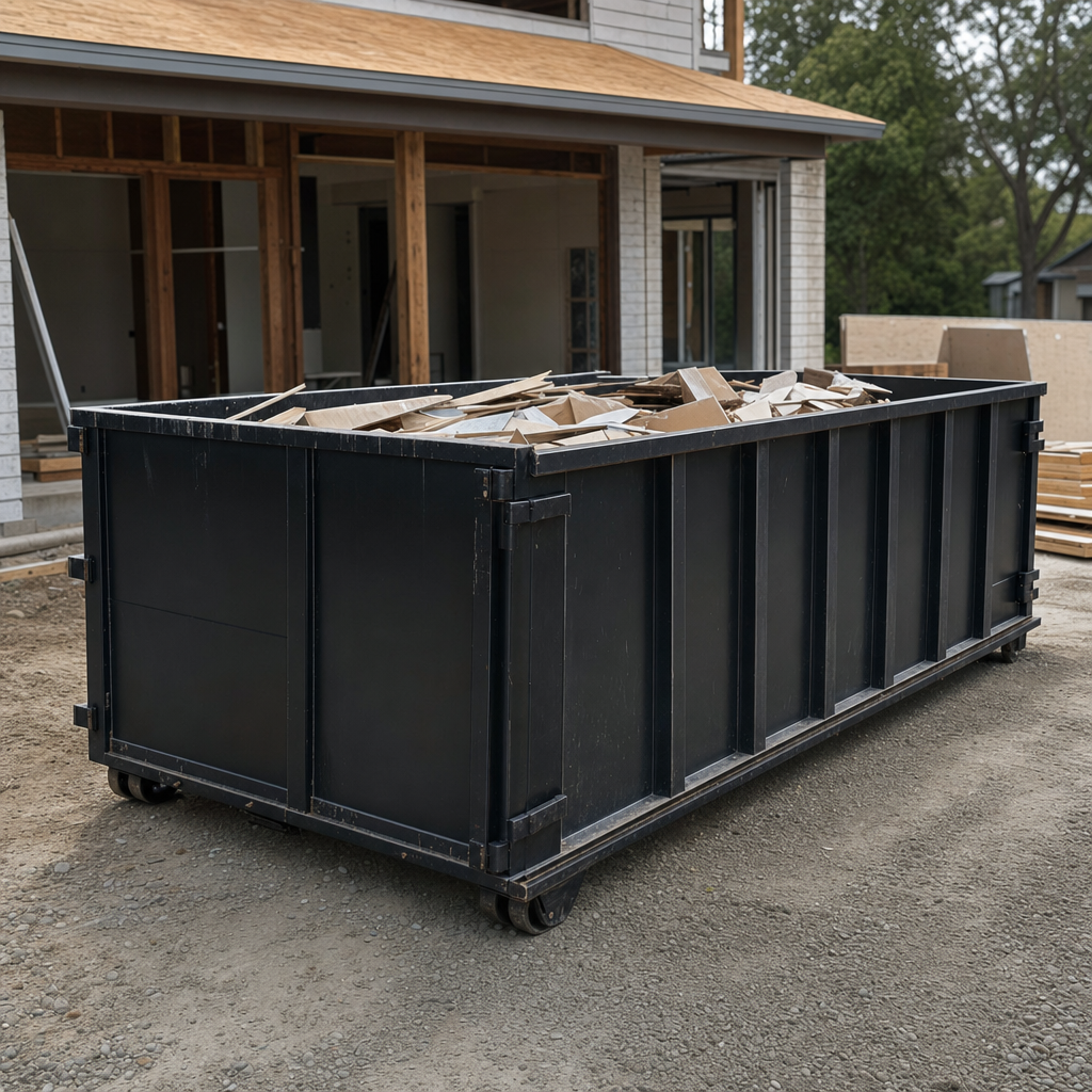 Large matte-black 30-yard construction roll-off dumpster at an active Santa Monica jobsite, steel-gray top rails and bottom rollers visible, loaded with construction debris.