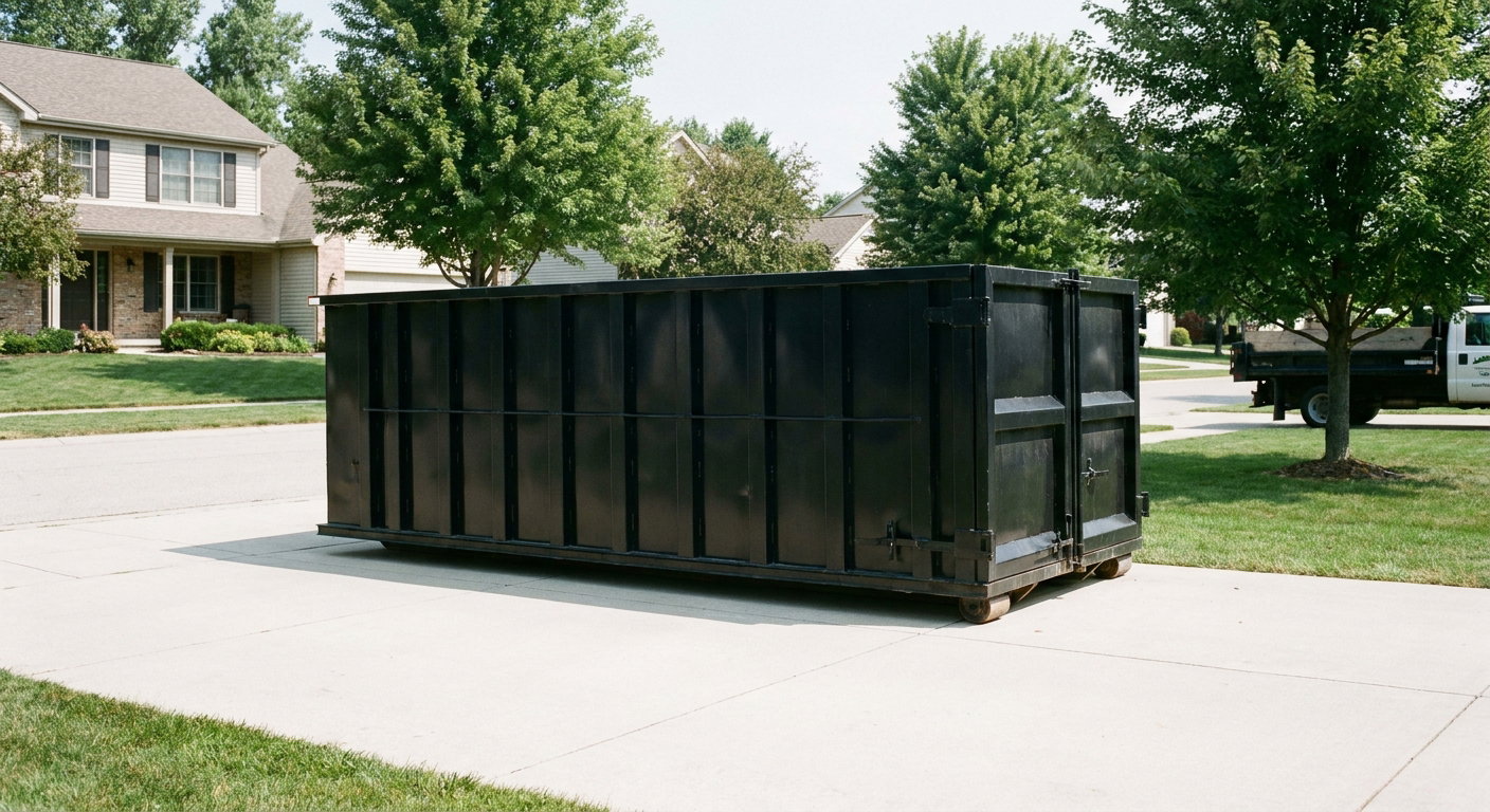 Matte-black 20-yard roll-off dumpster sitting level on a clean Santa Monica residential concrete driveway under bright daylight, demonstrating clean placement directly on the concrete.