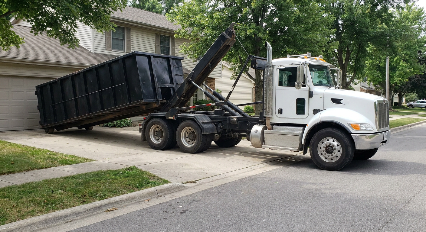 White-cab hooklift roll-off truck actively lowering a matte-black dumpster onto a Santa Monica residential concrete driveway, the dumpster's rear wheels touching the driveway as the hoist arm tilts the bed forward, mid-morning daylight.