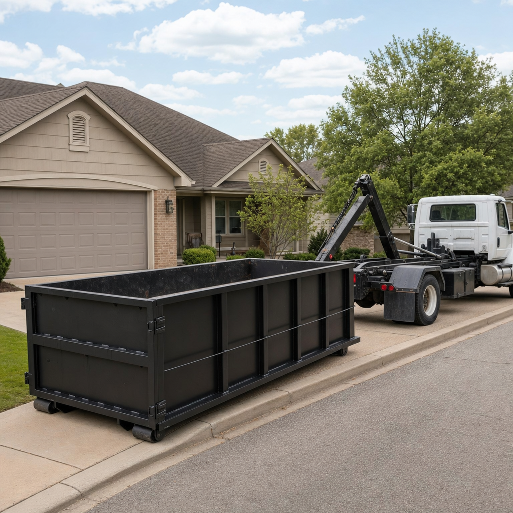 Wide documentary shot of a matte-black roll-off dumpster on a Santa Monica residential driveway in the foreground and a contractor jobsite container in the soft-focus background, bright daylight, calm and orderly composition.