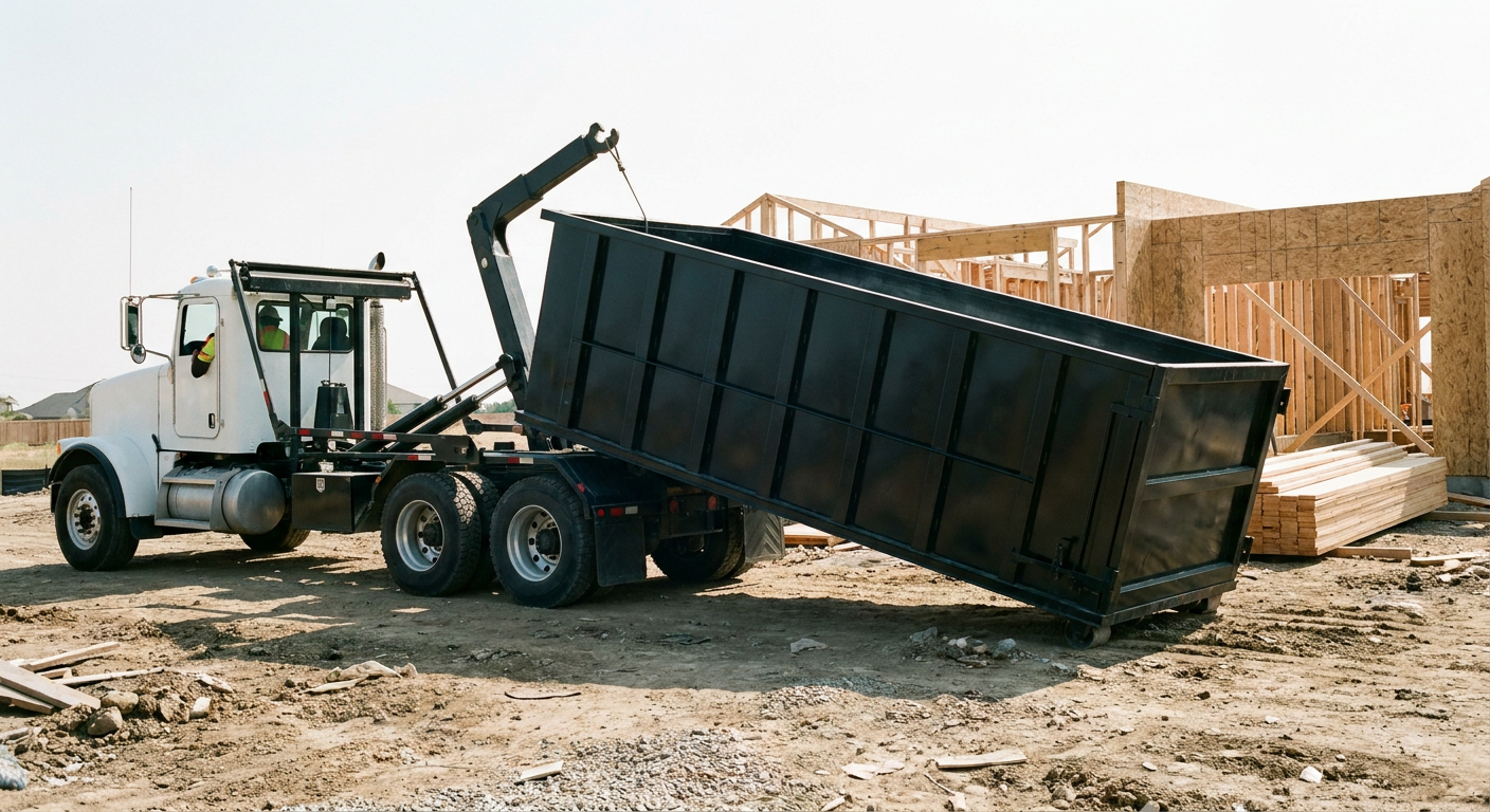 Matte-black roll-off dumpster being delivered onto a clean residential concrete driveway in Santa Monica by an unmarked white hooklift hauler truck, bright morning daylight, documentary 35mm perspective.